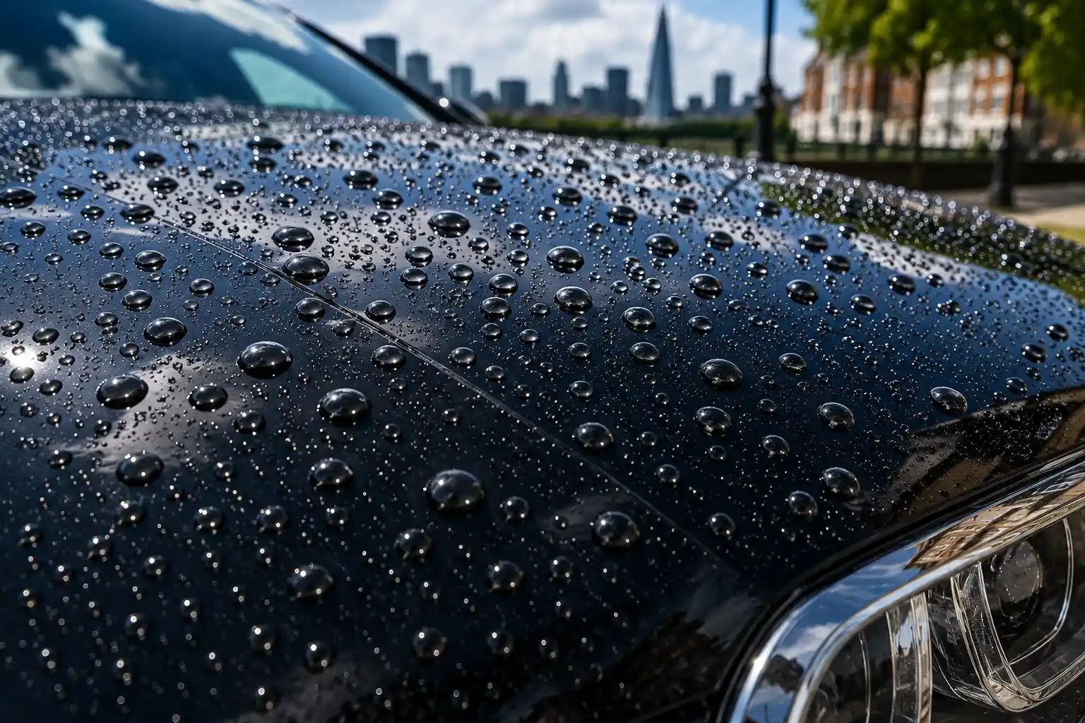 water beading on protected vehicle paintwork